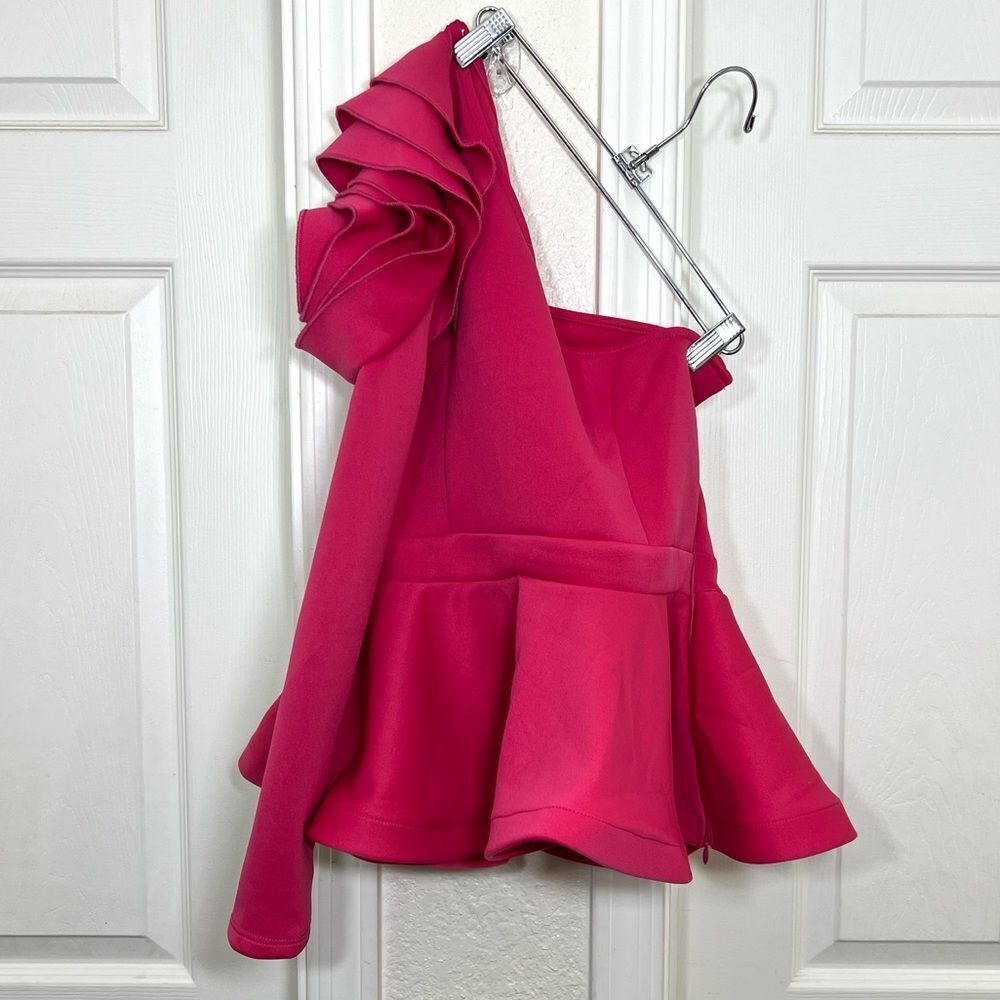 CQ by CQ One Shoulder Ruffle Asymmetrical One Shoulder Peplum Top Pink Fuchsia - Picture 8 of 15